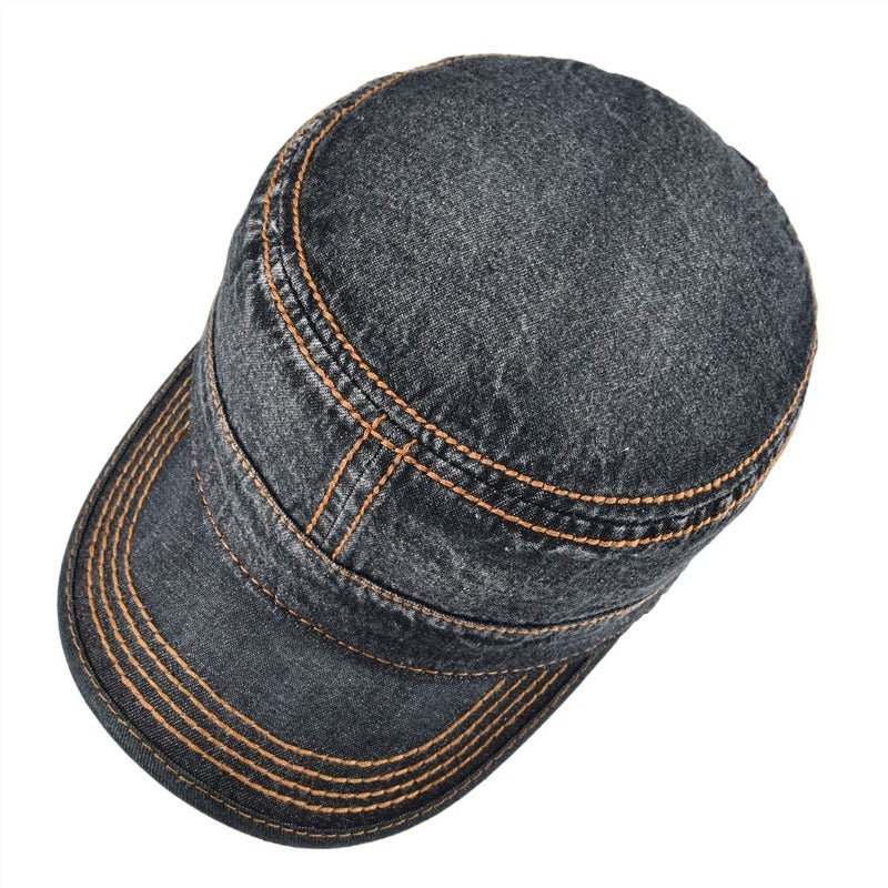 VOBOOM Washed Cotton Military Cadet Army Caps Unique Design Vintage Flat Top Hat (Denim Black) - Image 5